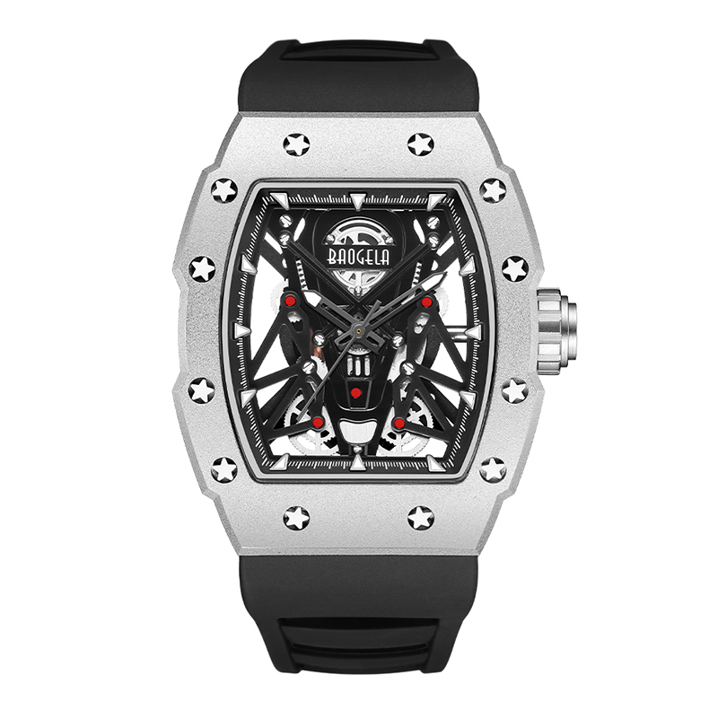BAOGELA Silver Black Sport Quartz Watch for Men Tonneau Dial Analog Waterproof Wristwatch with Silicone Strap Luminous Hands 4145